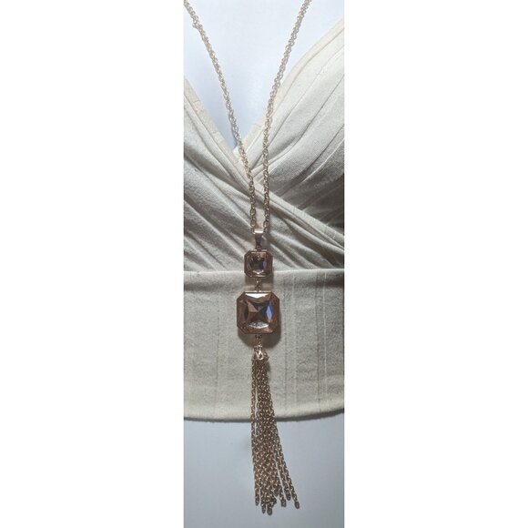 Orange And Rose Gold Brilliant Gemmed Tassel Necklace - Picture 5 of 10